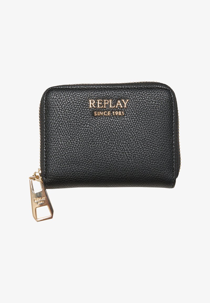Portefeuille en cuir noir texturé avec fermeture éclair dorée et logo "REPLAY SINCE 1981" en lettres dorées sur le devant.