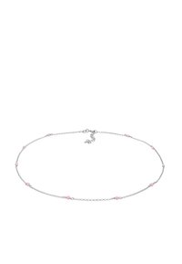 Collana in argento con diversi piccoli chicchi di cristallo rosa distribuiti uniformemente lungo la sua lunghezza, dotata di chiusura e lunghezza regolabile.