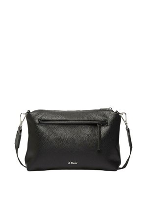 Black textured leather crossbody bag with front zip pocket, detachable strap, and small silver s.Oliver logo on center bottom.