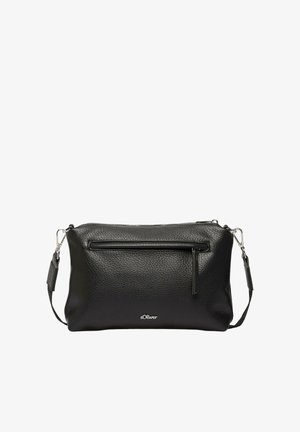 Black textured leather crossbody bag with front zip pocket, detachable strap, and small silver s.Oliver logo on center bottom.