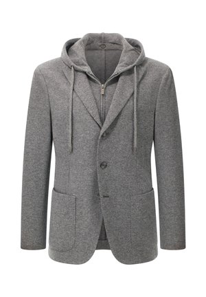 Grijze gebreide jas met capuchon, voorzien van een knopenpans, twee zakken en verstelbare koordjes. Gemaakt van zachte, warme stof.