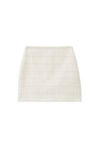 Witte textuur mini rok met een geweven patroon en rechte silhouet. De stof heeft een subtiele glans en een gestructureerd uiterlijk.