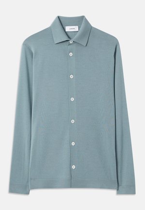 Cárdigan de punto azul claro con cuello, botones en la parte delantera, mangas largas y una textura lisa. Diseño minimalista con detalles sutiles.