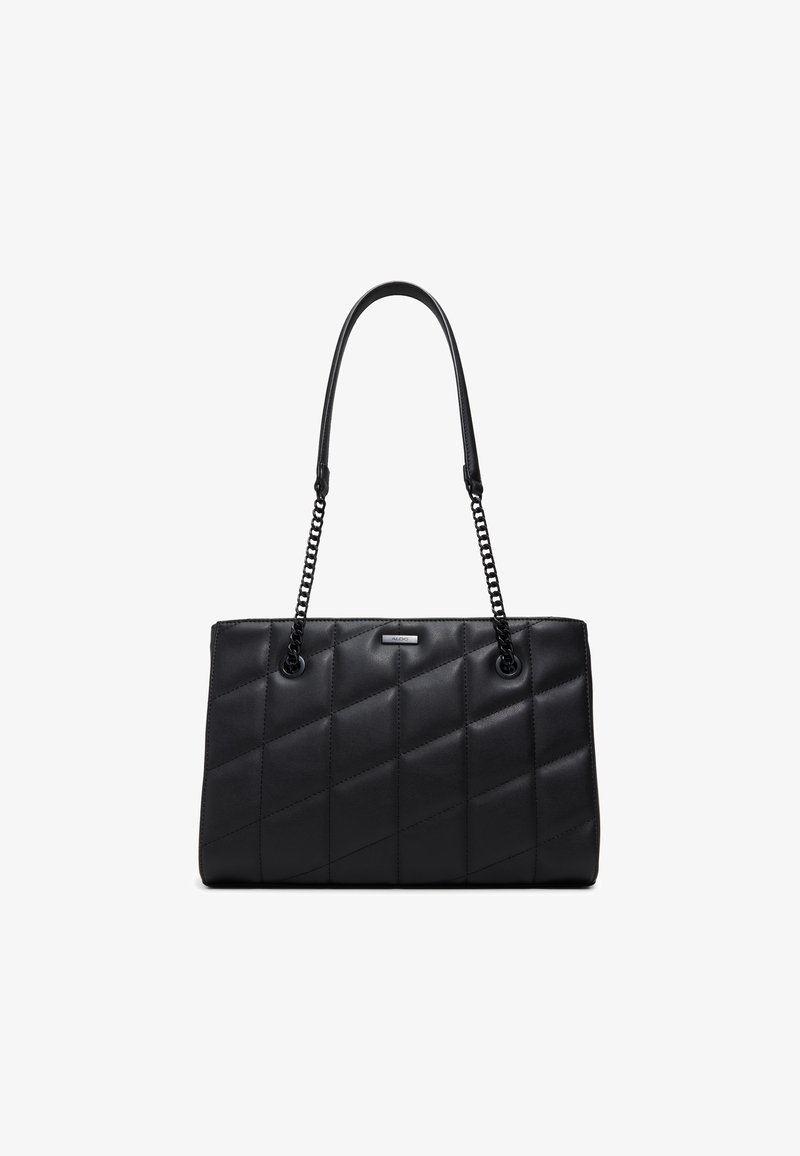 Sac à main rectangulaire noir matelassé avec chaîne et double bandoulière en cuir, petite plaque logo de la marque argentée en haut au centre devant.