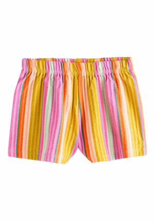 Szorty z elastyczną talią w pionowe paski w kolorach różowym, pomarańczowym, żółtym, zielonym i białym, wykonane z teksturowanej tkaniny.