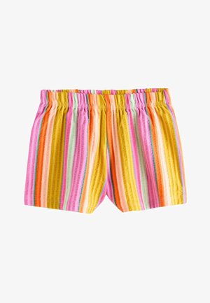 Shorts med elastisk talje og lodrette striber i pink, orange, gul, grøn og hvid, lavet af tekstureret stof.