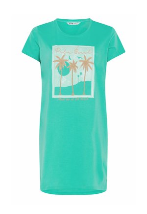 Vestido turquesa de manga corta con un gráfico frontal de palmeras, pájaros y un sol, con el texto "Palm Beach" y "Meet me at the beach."