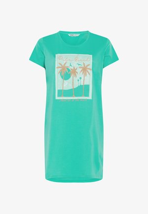 Vestido turquesa de manga corta con un gráfico frontal de palmeras, pájaros y un sol, con el texto "Palm Beach" y "Meet me at the beach."