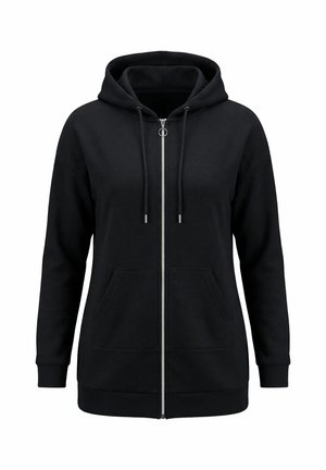 Musta, pitkähihainen vetoketjullinen huppari, jossa etutaskut, kiristysnauha hupussa, resorit hihansuuissa ja helmassa, esitetty valkoisella taustalla.