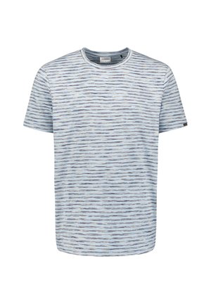 Gestreept T-shirt van lichtgewicht katoen, met horizontale lijnen in blauw, grijs en crème kleuren; ronde hals en korte mouwen.