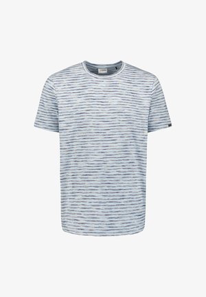 Gestreept T-shirt van lichtgewicht katoen, met horizontale lijnen in blauw, grijs en crème kleuren; ronde hals en korte mouwen.