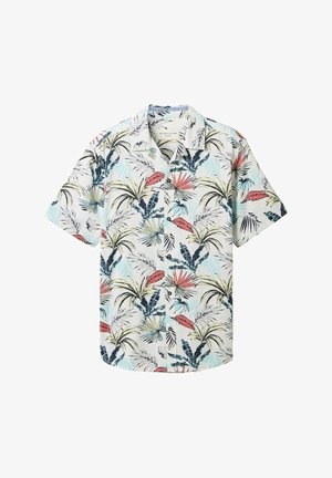 Cămașă cu mâneci scurte, albă, cu un imprimeu colorat de frunze tropicale, având accente verzi, albastre, roșii și negre.