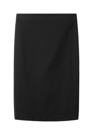 Falda lápiz negra hasta la rodilla con corte recto y tela lisa, adecuada para vestimenta profesional o formal.