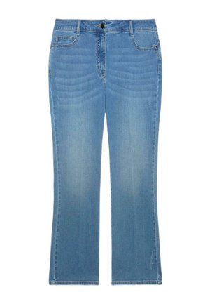 Jeans azules de corte recto con botón frontal, cremallera y diseño de cinco bolsillos, colocados planos sobre un fondo blanco.