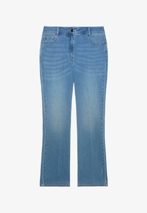 Jeans azules de corte recto con botón frontal, cremallera y diseño de cinco bolsillos, colocados planos sobre un fondo blanco.