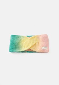 Bandeau en tricot avec un front torsadé, dégradé de couleurs allant du bleu-vert au jaune puis au rose, et une petite étiquette de marque Barts sur le côté rose.