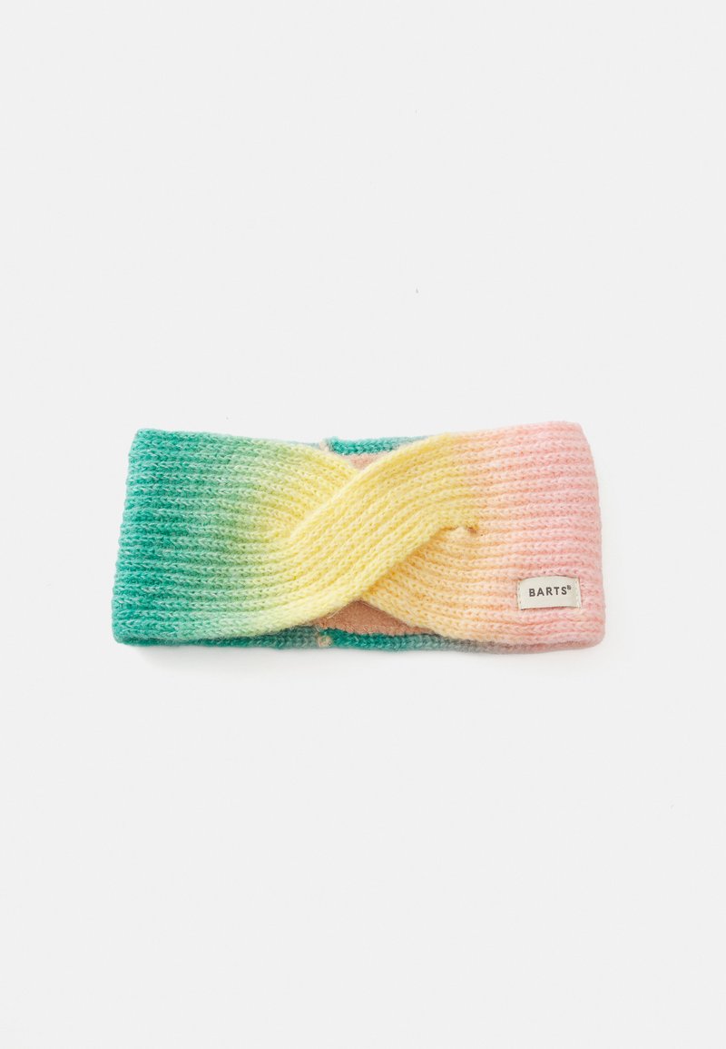 Bandeau en tricot avec un front torsadé, dégradé de couleurs allant du bleu-vert au jaune puis au rose, et une petite étiquette de marque Barts sur le côté rose.