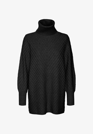 Crna turtleneck pulover od teksturiranog materijala, s chevron uzorkom, dugim rukavima i opuštenim krojem.