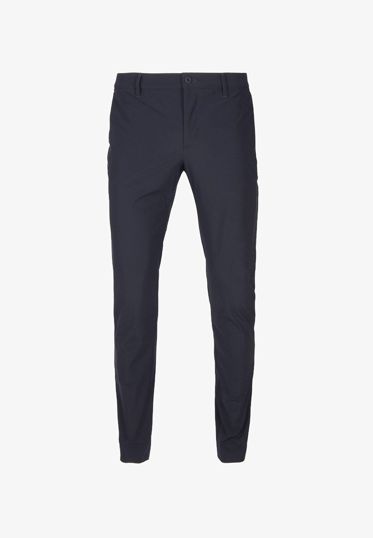 Navy blue trousers made from a smooth fabric, featuring a slim fit, front pockets, and a button closure at the waist.