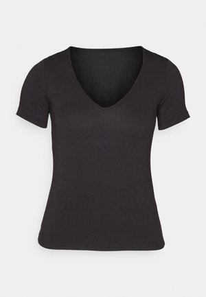 T-shirt nera a maniche corte con scollatura a V, realizzata in tessuto morbido, che presenta una silhouette aderente e un orlo pulito e senza cuciture.