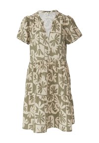 Kurzarmpullover knielanges Kleid mit einem grünen und beigen Blattmuster, V-Ausschnitt und geraffter Taille sowie Rockschichten.