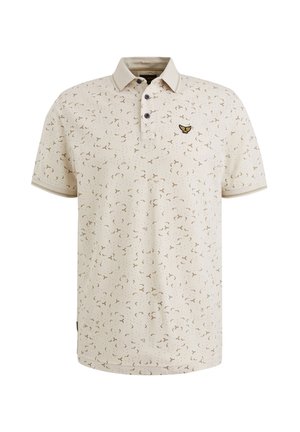 Beige polo shirt van een lichtgewicht stof, met een subtiel patroon van bruine vormen en een kraag met twee knopen. Inclusief een klein logo geborduurd op de borst.