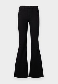 Jean évasé noir à taille haute, fabriqué en denim. Comprend cinq poches et une fermeture à bouton classique ; texture lisse et design ajusté.