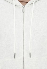 Felpa zip grigia chiara con una texture morbida, cordini regolabili e una cerniera in metallo argentato. Presenta una tasca frontale.