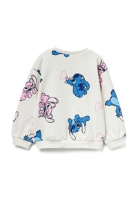 Felpa bianca con personaggi dei cartoni animati blu e rosa, con scollatura rotonda e polsini ed orlo elasticizzati, che presenta disegni di cuori giocosi.