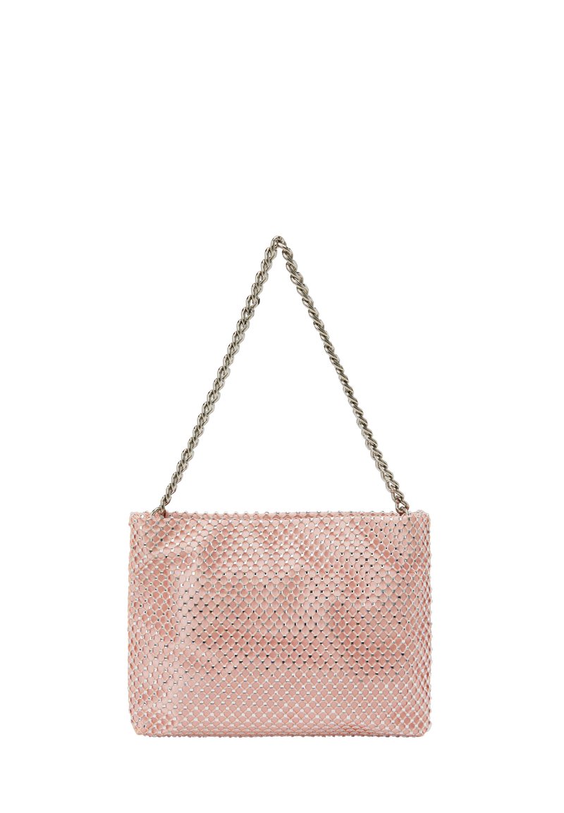 Rosa mesh håndtaske med en sølvfarvet kædetræk, rektangulær form, med en struktureret overflade og åben vævning. Ingen yderligere udsmykninger.