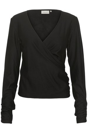 Black long-sleeve wrap top in soft fabric with a V-neckline and tapered sleeves. Features a fitted silhouette and smooth texture.