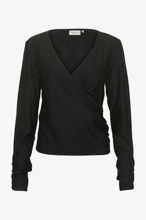 Czarny długi rękaw owinięty top w miękkim materiale z dekoltem w serek i zwężanymi rękawami. Charakteryzuje się dopasowanym krojem i gładką teksturą.