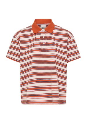 Svītrains polo krekls ar vienkrāsainu oranžu apkakli, īsām piedurknēm un trīs pogu aizdari. Krāsas ietver baltas, sarkanas un zilas svītras.