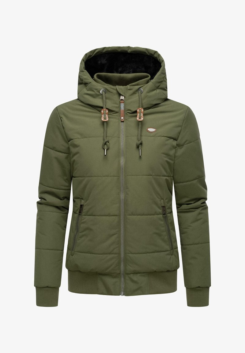 Olive green padded jacket with a hood, featuring a front zipper, drawstring adjustments, and two side pockets. Textured accents on the hood.