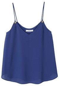 Haut sans manches bleu avec des bretelles fines, décolleté en V et une coupe fluide. Présente des accents en métal doré sur les bretelles. Matériau léger.