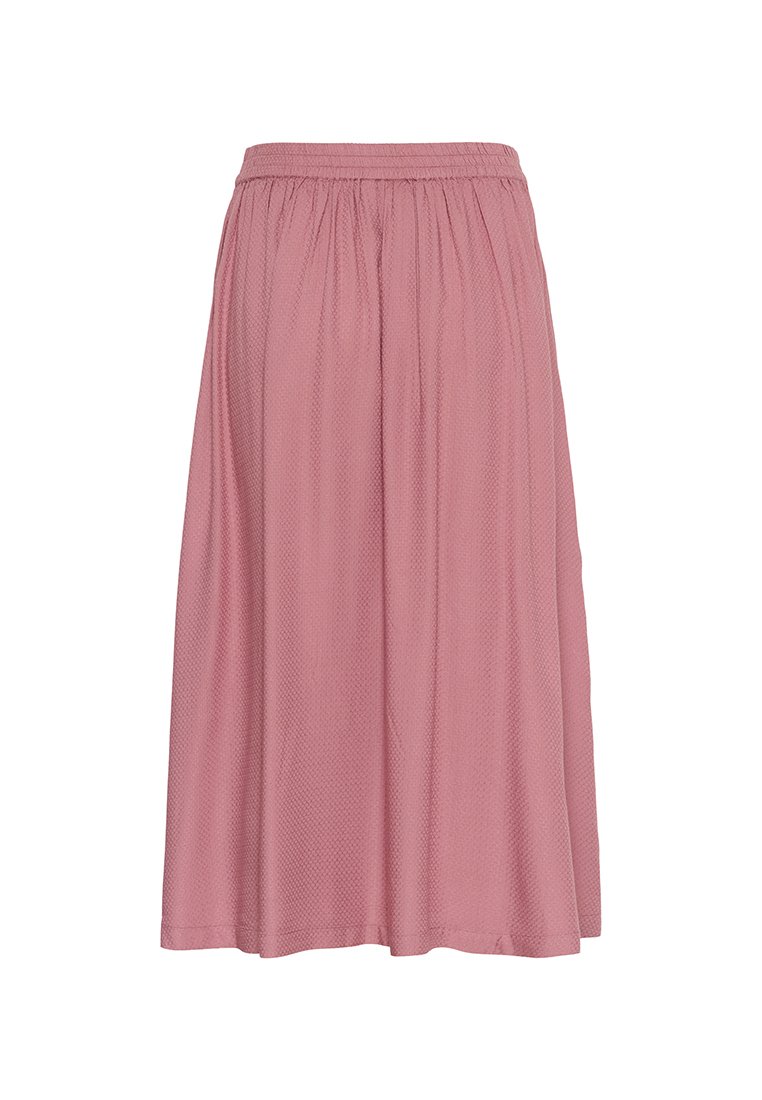 Jupe rose, longueur genou, en tissu léger avec un motif texturé et une taille élastique pour plus de confort.