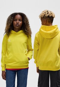 Due giovani con felpe gialle, uno rivolto verso avanti con le mani in tasca, l'altro rivolto di spalle che mostra capelli corti biondi con motivo decorativo.