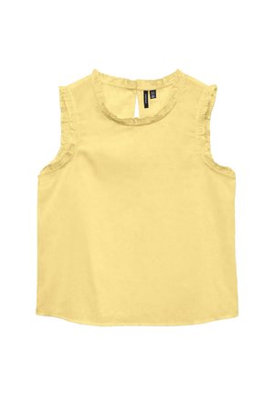 Mouwloze gele blouse met gerimpelde rand langs armsgaten en halslijn, voorzien van een keyhole knoopsluiting aan de achterkant.