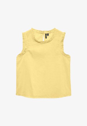 Ærmeløs gul bluse med flæset kant langs ærmegab og halsudskæring, med nøglehulsknaplukning bagpå.