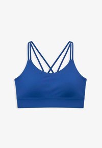 Sujetador deportivo azul hecho de tela suave y elástica. Cuenta con un escote redondeado y un diseño de tiras cruzadas en la espalda para mayor soporte.