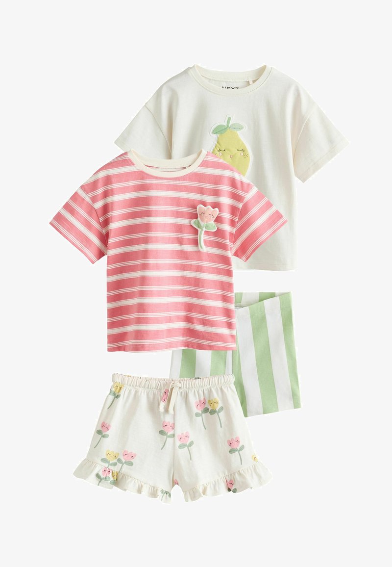 Deux hauts à manches courtes pour filles : un rose et blanc rayé avec un appliqué fleur, un blanc avec un motif poire, plus un short volanté rayé vert et fleuri.
