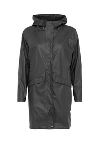 Cappotto lungo nero impermeabile con cappuccio, bottoni a pressione frontali, coulisse e due tasche con patta.