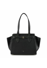 Borsa nera in pelle dalla forma strutturata, con due manici, una chiusura frontale e cuciture bianche a contrasto lungo i bordi.