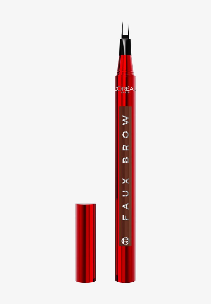 Stylo à sourcils factice rouge avec un applicateur à pointe fine, présentant une finition brillante. Le capuchon est cylindrique et correspond au design du stylo.