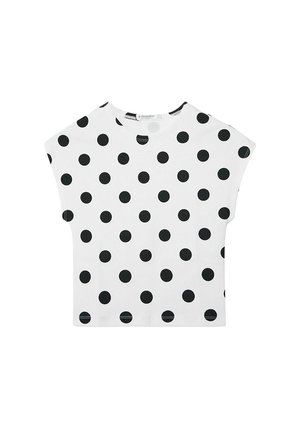 Hvid kortærmet skjorte med sorte polkaprikker, rund halsudskæring og løs pasform.