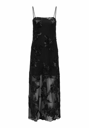 Svart ermeløs kjole med blomsterbroderi, gjennomsiktig skjørtlaget og rett silhuett. Har tynne stropper og intrikate detaljer.