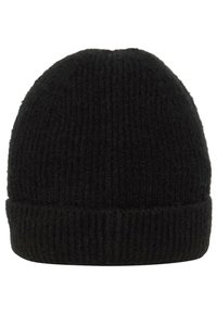 Berretto di lana nera a maglia con una texture a costine, forma arrotondata e risvolto. Realizzato in lana morbida, presenta un colore uniforme senza motivi.