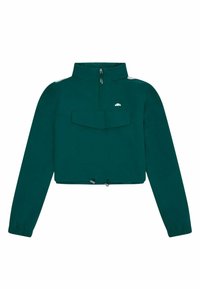 Pullover corto verde scuro con maniche lunghe, colletto alto, zip frontale, tascone con patta e orlo regolabile con coulisse.