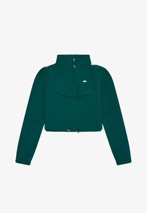 Ciemnozielony krótki sweter z długimi rękawami, wysokim kołnierzem, przednim zamkiem, dużą kieszenią z klapą i regulowanym ściągaczem na dole.