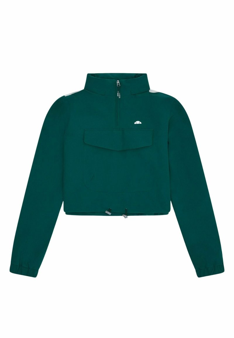 Pullover corto verde scuro con maniche lunghe, colletto alto, zip frontale, tascone con patta e orlo regolabile con coulisse.